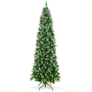 7.5' Partially Flocked Spruce Pencil Christmas Tree w/ Berries, Pine Cones