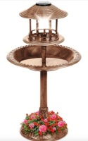 Solar Lighted Outdoor Pedestal Bird Bath w/ Planter, Decorative Bird Cage, Bronze