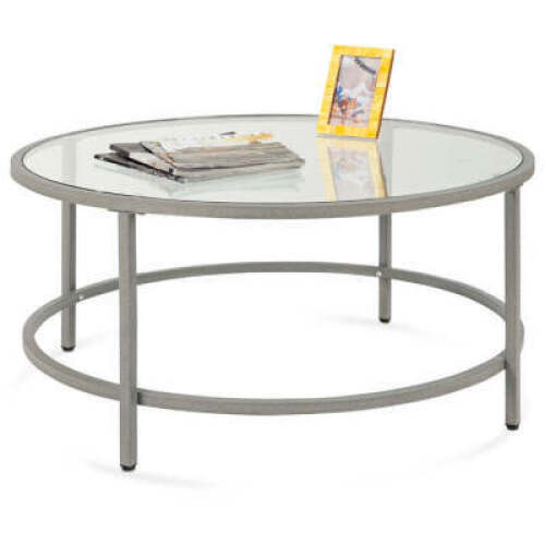 Round Tempered Glass Coffee Table w/ Steel Frame