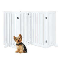 4-Panel Freestanding Wooden Pet Gate w/ Door, Support Feet