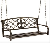 2-Person Outdoor Metal Hanging Swing Bench w/ Fleur-de-Lis Accents, Bronze
