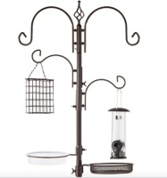 4-Hook Bird Feeding Station, Steel Feeder Stand w/ 2 Bird Feeders - 91in, Bronze
