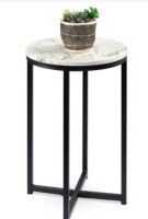 Round Coffee Side Table w/ Faux Marble Top, Metal Frame - 16in, White/Matte Black