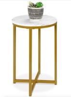 Round Coffee Side Table w/ Faux Marble Top, Metal Frame - 16in, White/Bronze Gold