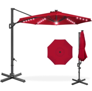 360-Degree Solar LED Cantilever Offset Patio Umbrella w/ Tilt - 10ft, Red