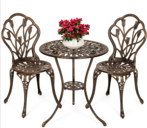 3-Piece Cast Aluminum Patio Bistro Furniture Set, Brown