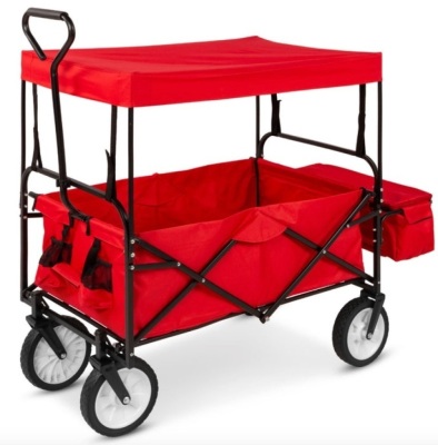 Utility Wagon Cart w/ Folding Design, 2 Cup Holders, Removable Canopy, Red, Missing Hardware