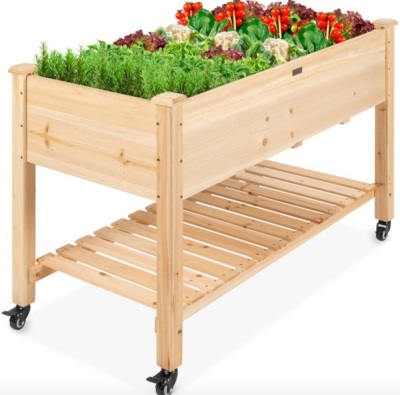 Mobile Raised Garden Bed Elevated Wood Planter w/ Wheels, Storage Shelf