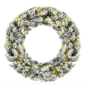 24 in. Green Pre-Lit Artificial Snow Flocked Christmas Pine Wreath with 50 LED Lights Timer