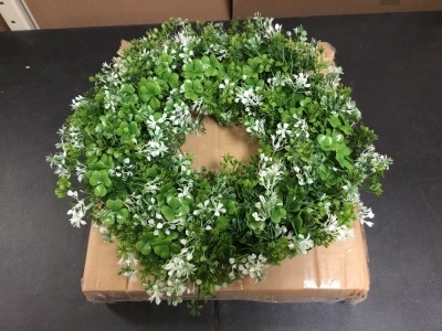 OEAGO 17.7" St Patricks Day Artificial Boxwood Wreath with White Flowers & Four Leaf Clovers - Appears New 