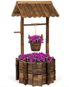 Rustic Wooden Wishing Well Planter Yard Decoration w/ Hanging Bucket