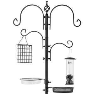 4-Hook Bird Feeding Station, Steel Feeder Stand w/ 2 Bird Feeders - 91in, Black