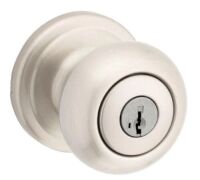 Kwikset&nbsp;Juno Satin Nickel Entry Door Knob Featuring SmartKey Security with Microban Antimicrobial Technology