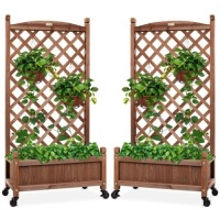 Set of 2 Wood Planter Box & Lattice Trellis w/ Optional Wheels - 48in