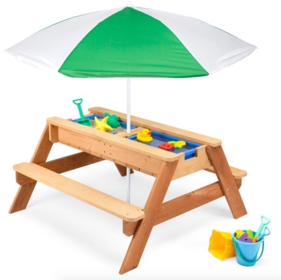 3-in-1 Kids Sand & Water Table Outdoor Wood Picnic Table w/ Umbrella, Green