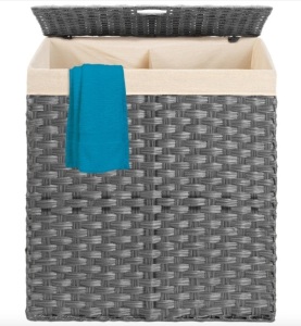 Double Laundry Hamper Basket w/ Easy Assembly, Liner Bag, Gray