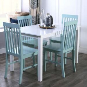 5-Piece White Wood Dining Set with Mint Chairs