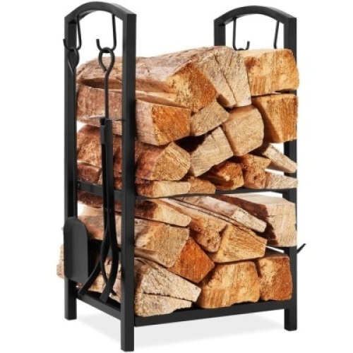 5-Piece Firewood Log Rack Holder Tools Set w/ Hook, Broom, Shovel, Tongs