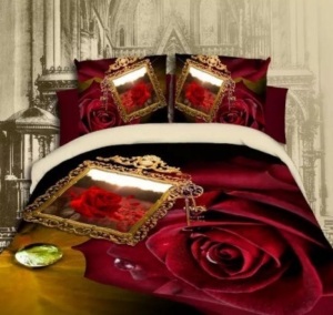 Lot of 2, 3D Red Rose Bedding Set, 100% Cotton, 4pcs with Duvet Cover, Flat Bed Sheet, 2 Pillow Cases