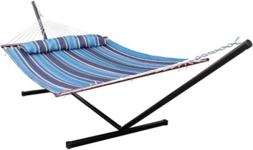 HENG FENG 2 Person Double Hammock with 12 Foot Portable Steel Stand and Spreader Bar, Detachable Pillow, Quilted Fabric Bed, Blue Stripe - E-Comm Return, Appears New&nbsp;&nbsp;