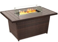 Wicker Propane Fire Pit Table, 50,000 BTU w/ Glass Wind Guard, Cover - 52in
