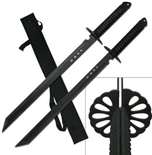 2PC Combo Full Tang 28" Tanto Ninja Katana Twin Sword Machete w/Nylon Sheath + Black Chinese Engraved on Blade Edition - Appears New&nbsp;