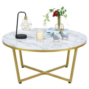 Round Adjustable Coffee Table With Gold Print Metal Frame 