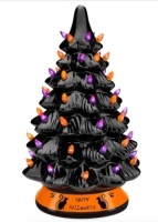 Ceramic Halloween Tabletop Tree w/ Orange & Purple Bulb Lights - 15in