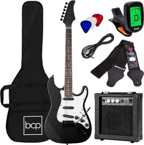 39in Full Size Beginner Electric Guitar Starter Kit w/Case, Strap, 10W Amp, Strings, Pick, Tremolo Bar