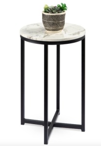 Round Coffee Side Table w/ Faux Marble Top, Metal Frame - 16in, White/Matte Black