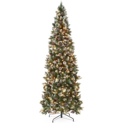 Pre-Lit Partially Flocked Pencil Christmas Tree w/ Pine Cones, Metal Stand, 7.5ft