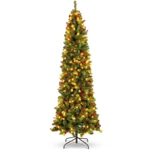 Pre-Lit Spruce Pencil Christmas Tree w/ Berries, Pine Cones, 12ft