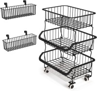 3 Tier Stackable Metal Wire Basket Cart w/ Wheels
