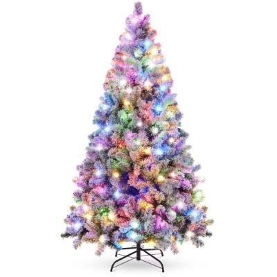 Pre-Lit Snow Flocked Artificial Pine Christmas Tree w/ Multicolored Lights, 6ft