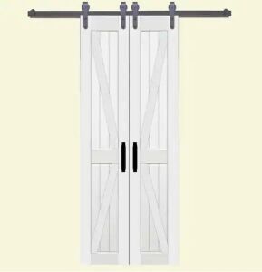 36 in. x 84 in. Board and Batten Composite PVC White Split Sliding Barn Door with Hardware Kit