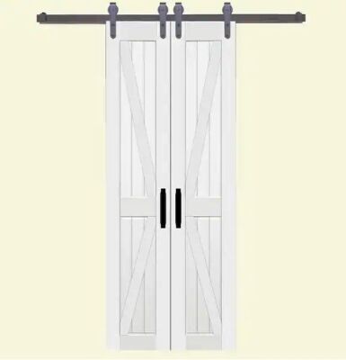 36 in. x 84 in. Board and Batten Composite PVC White Split Sliding Barn Door with Hardware Kit