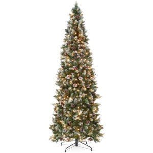7.5ft Pre-Lit Partially Flocked Pencil Christmas Tree w/ Pine Cones, Metal Stand