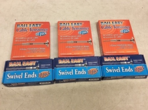 Lot of (3) Atlantis Rail Easy System Swivel Terminating End/Turnbuckle, 10 Pack & (3) Cable Tensioner-Flat, 10 Pack for Cable Railing - Appear New 