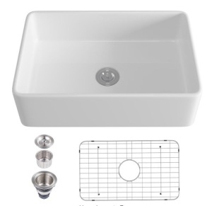 White Fireclay 30" Single Bowl Farmhouse Apron Kitchen Sink with Basin Rack and Strainer Basket - Appears New 