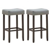 Gray Backless 29 in. Wood Nailhead Saddle Bar Stool with Fabric Seat, Set of 2&nbsp;