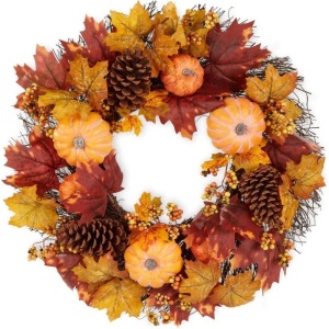 Artificial Fall Wreath, Autumn Thanksgiving Holiday Decoration - 24in