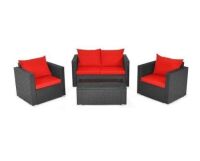 Black 4-Piece Wicker Patio Conversation Set with Red Cushions