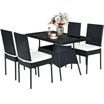 5 Pcs Patio Rattan Dining Set With Glass Top Table