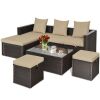 5-Piece Rattan Patio Furniture Set Adjustable Sofa Cushioned Ottoman