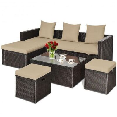 5-Piece Rattan Patio Furniture Set Adjustable Sofa Cushioned Ottoman