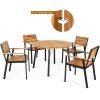 5PCS Patio Dining Chair Set Acacia Wood Round Table W/Umbrella Hole