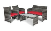 4-Piece Wicker Patio Conversation Set with Red Cushions