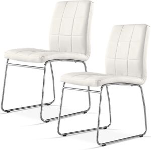 Modern Dining Chairs with Faux Leather Padded Seat Back in Checkered Pattern and Sled Chrome Legs, Set of 2