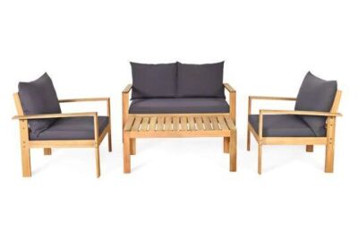 Natural 4-Piece Acacia Wood Patio Conversation Set Loveseat Sofa with Dark Gray Cushions