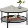 2-Tier Round Industrial Wood & Steel Coffee Table, Storage Shelves - 35.5in, Gray